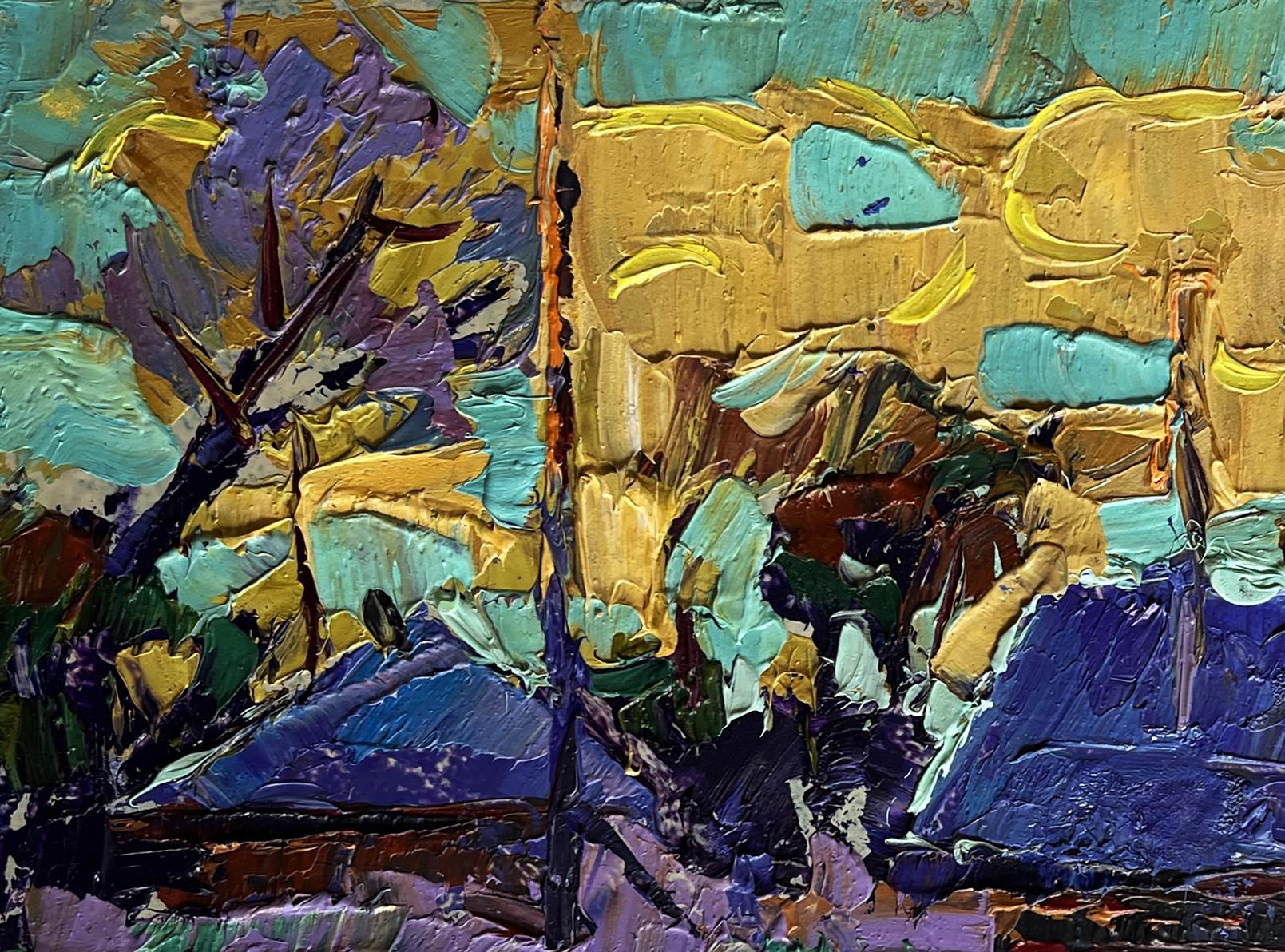 Oil painting Cold evening in the village by Oleksiy Ivanyuk in gold teal purple