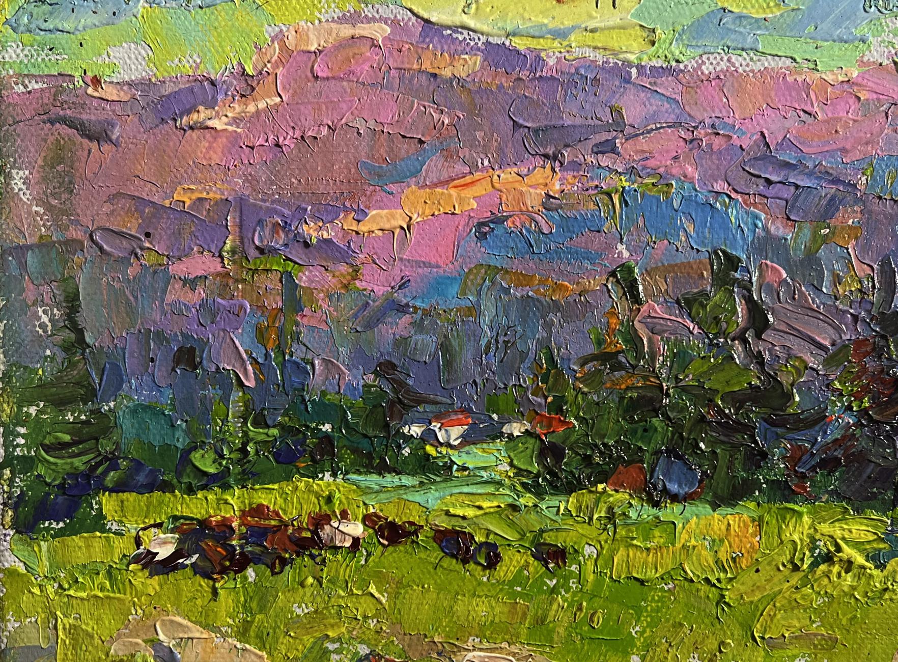 Vibrant impressionist oil painting of purple pink mountains in summer sun by Oleksiy Ivanyuk