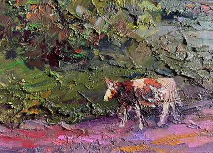 Oil painting The cows are going home by Boris Serdyuk, textured cow on purple ground