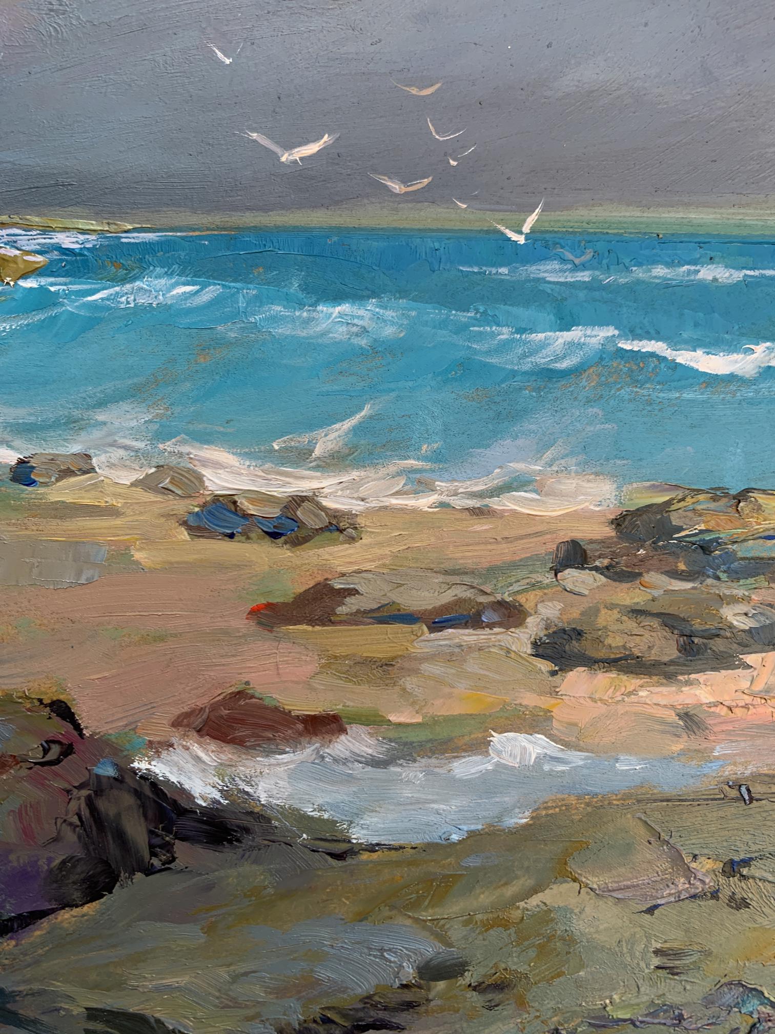 Oil painting of turquoise waves crashing on rocky shore with seagulls by Yuriy Suprunchuk