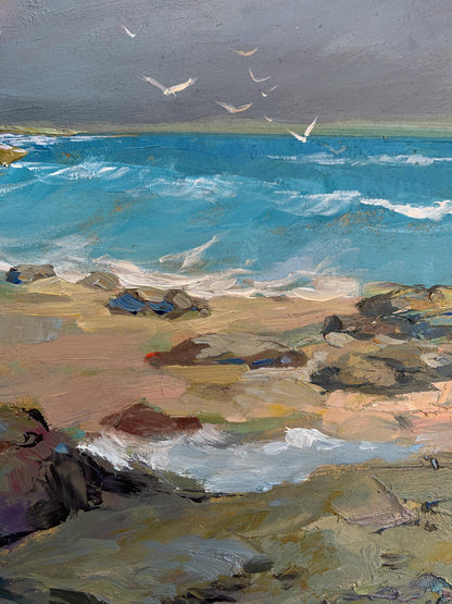 Oil painting of turquoise waves crashing on rocky shore with seagulls by Yuriy Suprunchuk