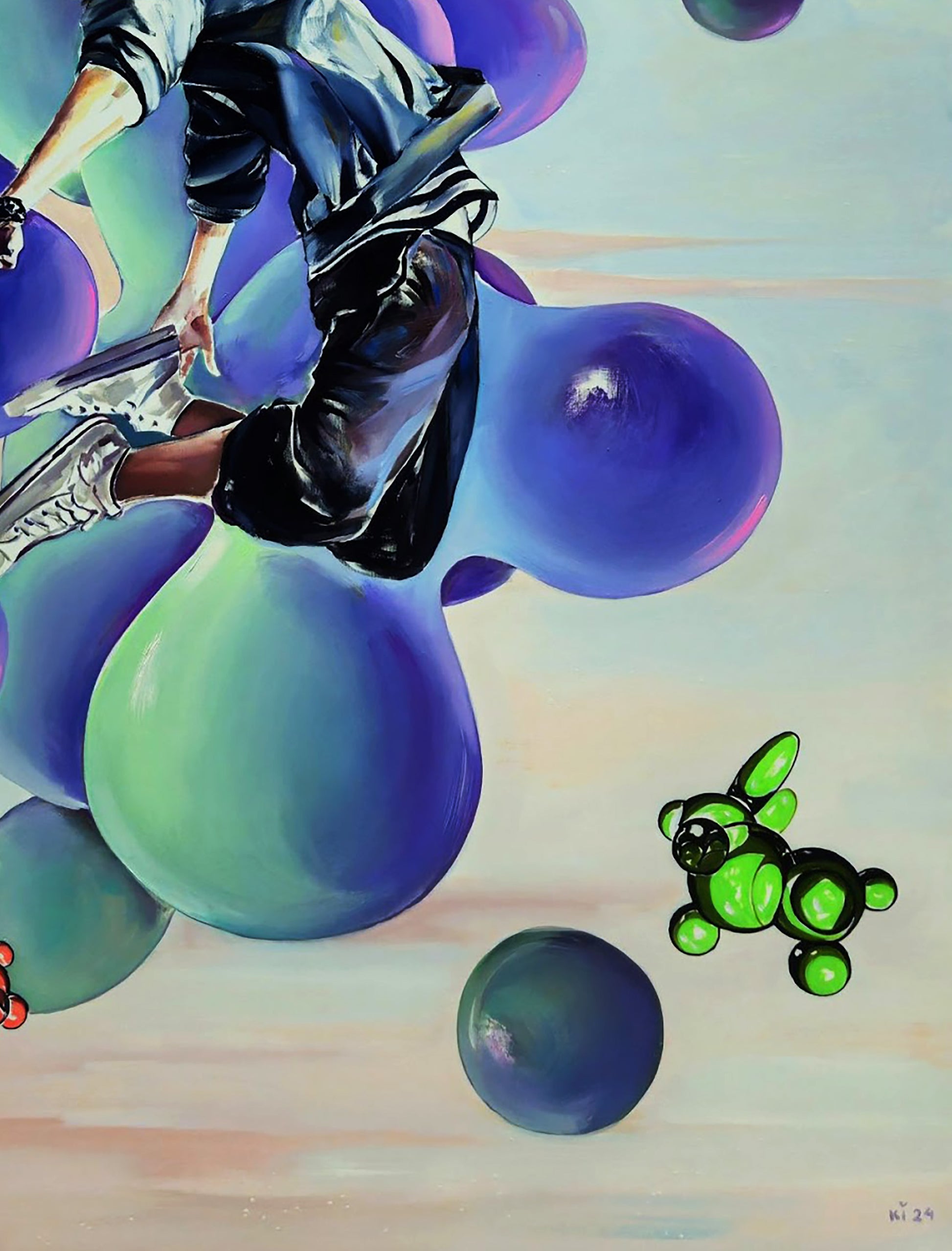 TikTok man jumping on purple green bubbles oil painting by Igor Konovalov