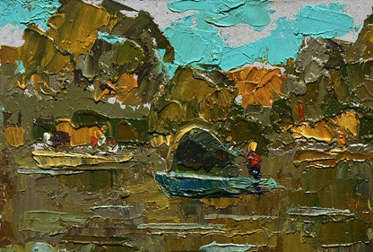 Impasto oil painting The boats are sailing by Oleksiy Ivanyuk with earthy greens