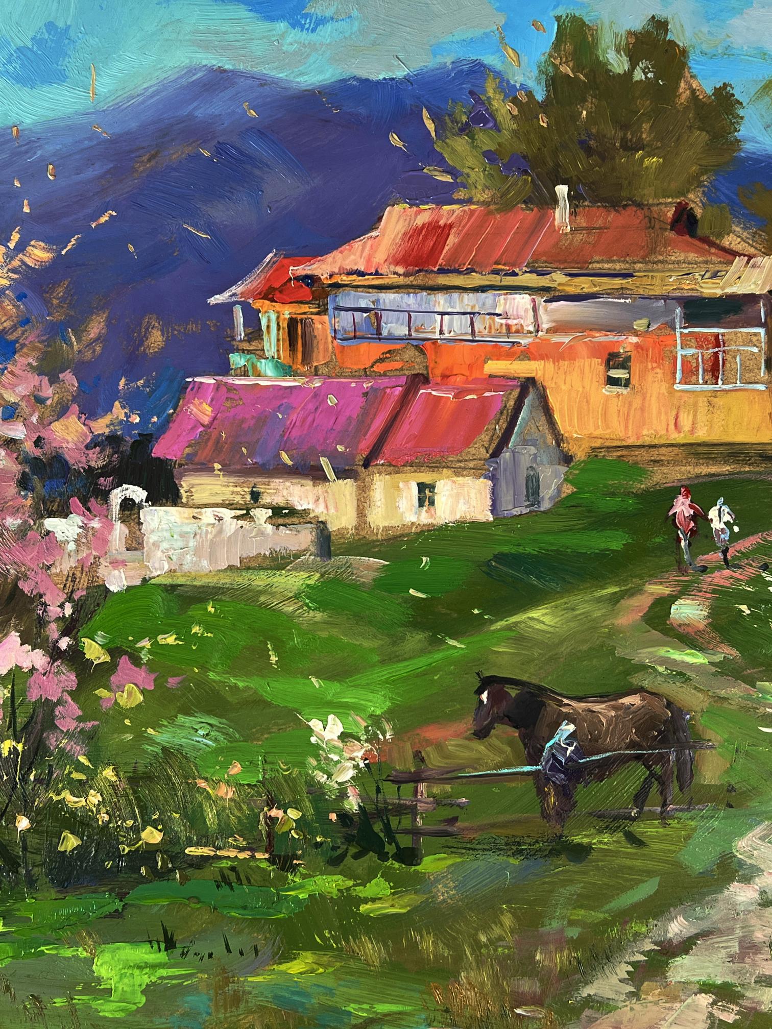 Rustic oil painting by Yuriy Suprunchuk: horse plowing field by mountain house