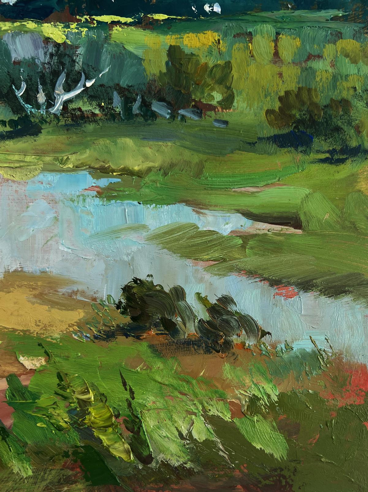Vibrant impressionist oil painting of horses by river by Yuriy Suprunchuk