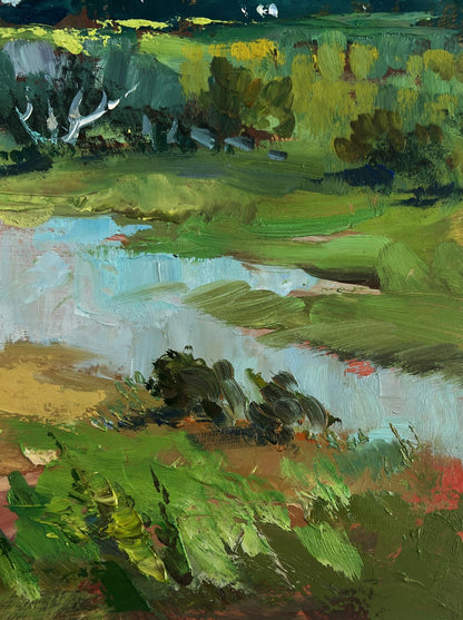Vibrant impressionist oil painting of horses by river by Yuriy Suprunchuk
