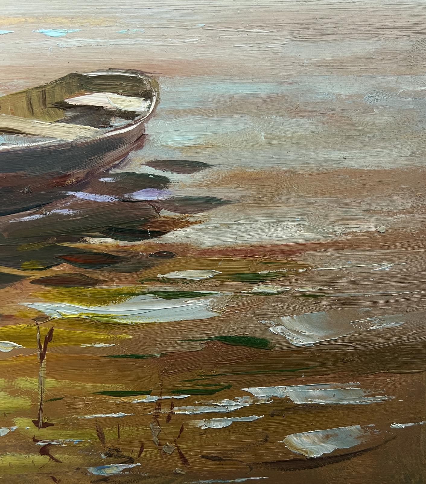 Rustic rowboat on forest river shore oil painting by Yuriy Suprunchuk