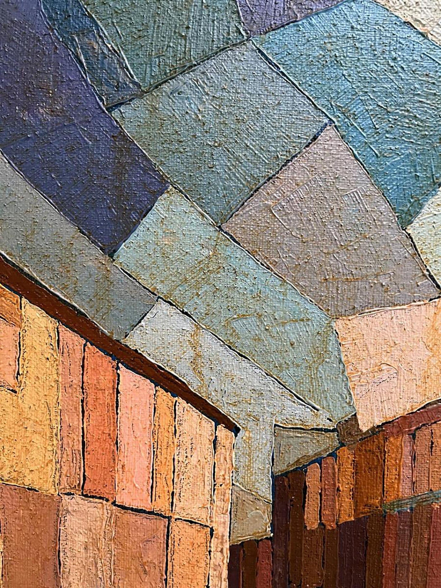Textured geometric ceiling mosaic in muted blues and grays by Serhiy Kovalev oil painting