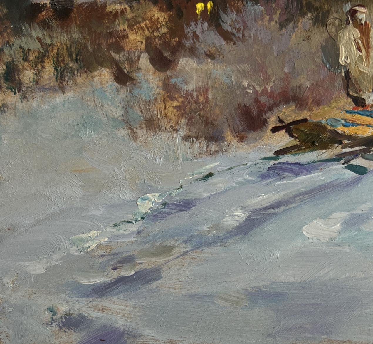 Textured impressionistic oil painting of country winter evening coastal scene by Yuriy Suprunchuk