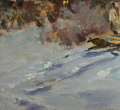 Textured impressionistic oil painting of country winter evening coastal scene by Yuriy Suprunchuk