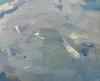 Oil painting Along the snowy paths by Yuriy Suprunchuk with cloudy sky