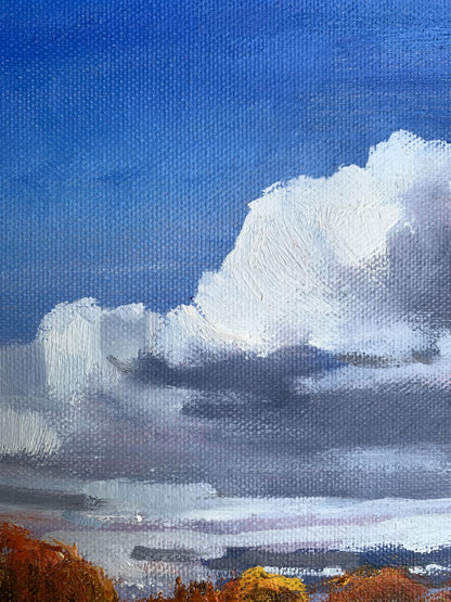 Oil painting Cloudy day by Tatyana Derdey with dramatic sky and orange foliage