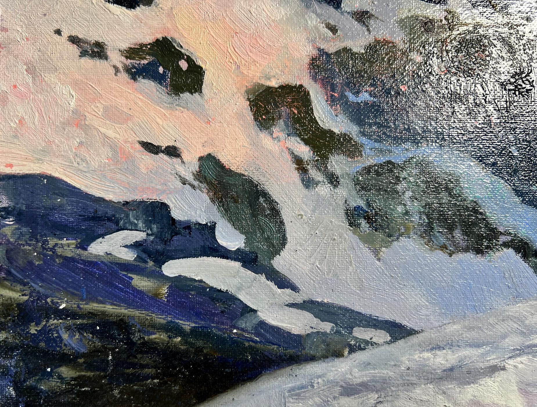 Abstract oil painting of snowy mountain by Tatyana Derdey in pink, white, blue, green