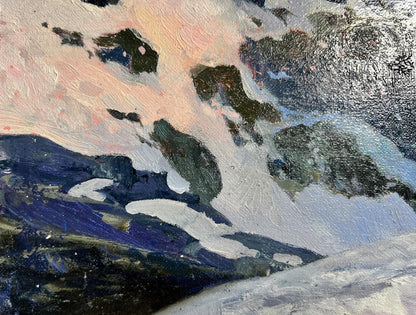 Abstract oil painting of snowy mountain by Tatyana Derdey in pink, white, blue, green
