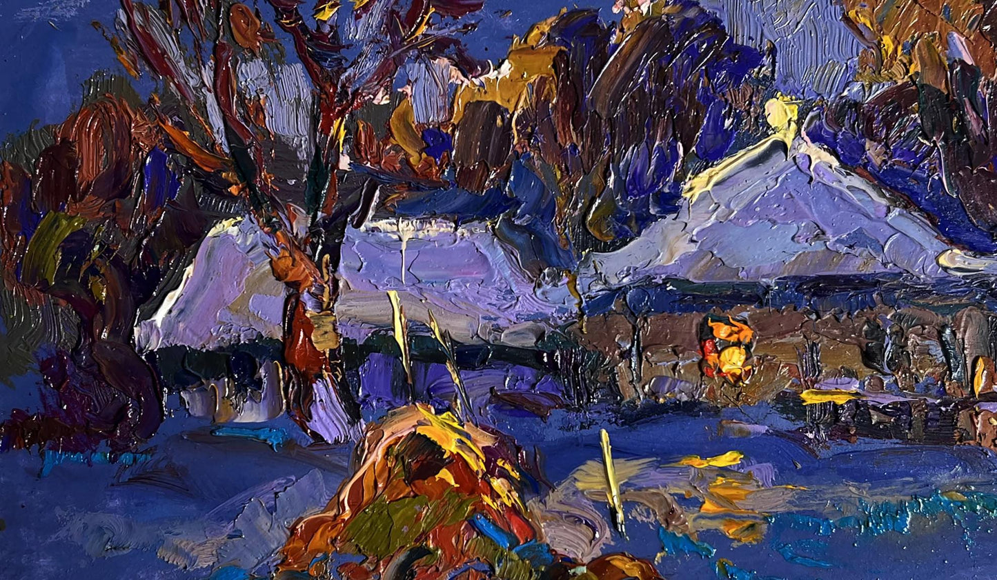 Oil painting Frosty winter evening by Oksana Ivanyuk snowy landscape