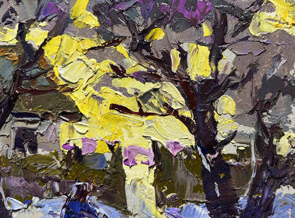 Oil painting Over the Evening by Oleksiy Ivanyuk: textured tree with yellow purple leaves