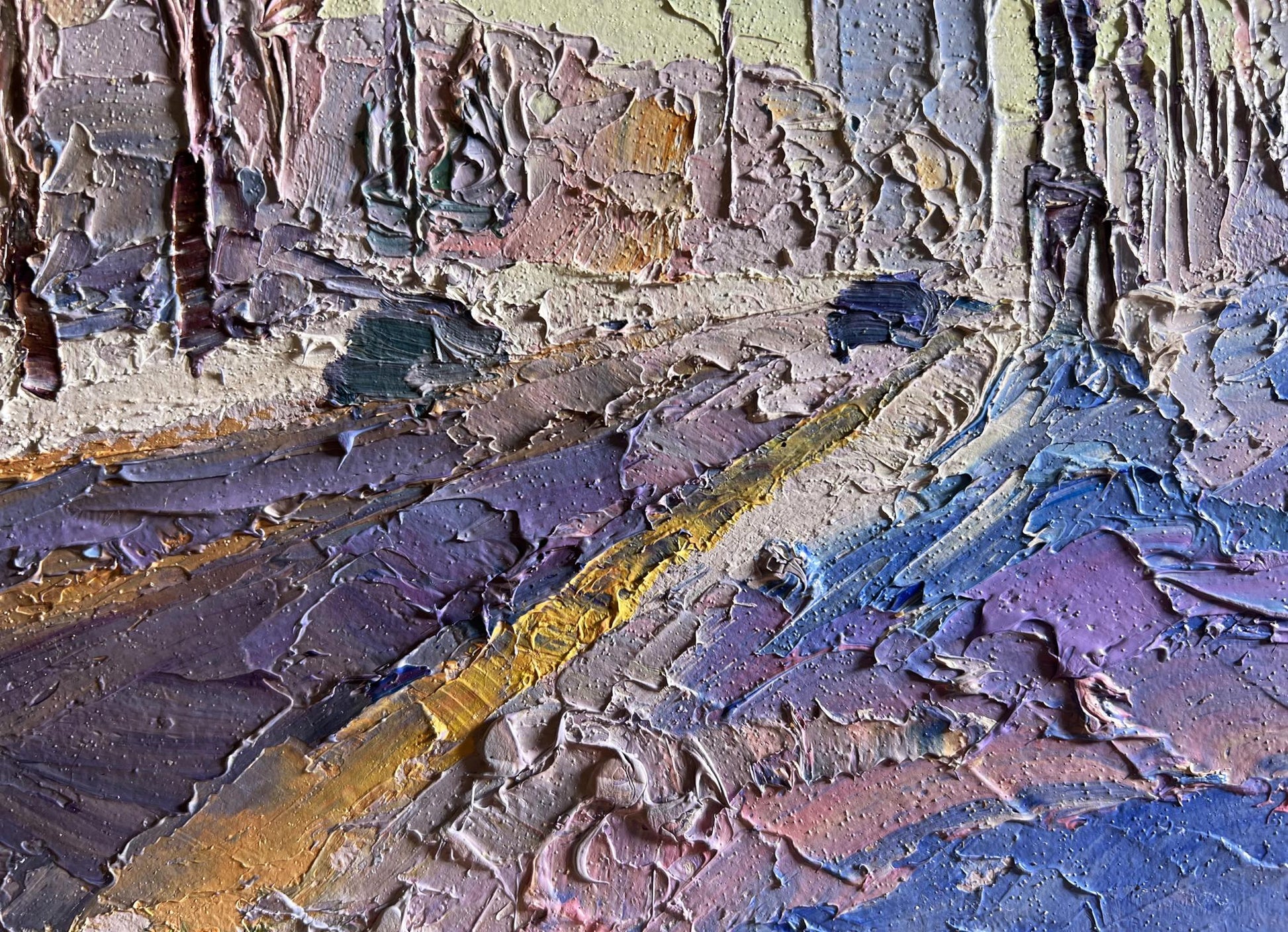 Impasto oil painting After the Night Snowstorm by Boris Serdyuk in purple, blue, gold