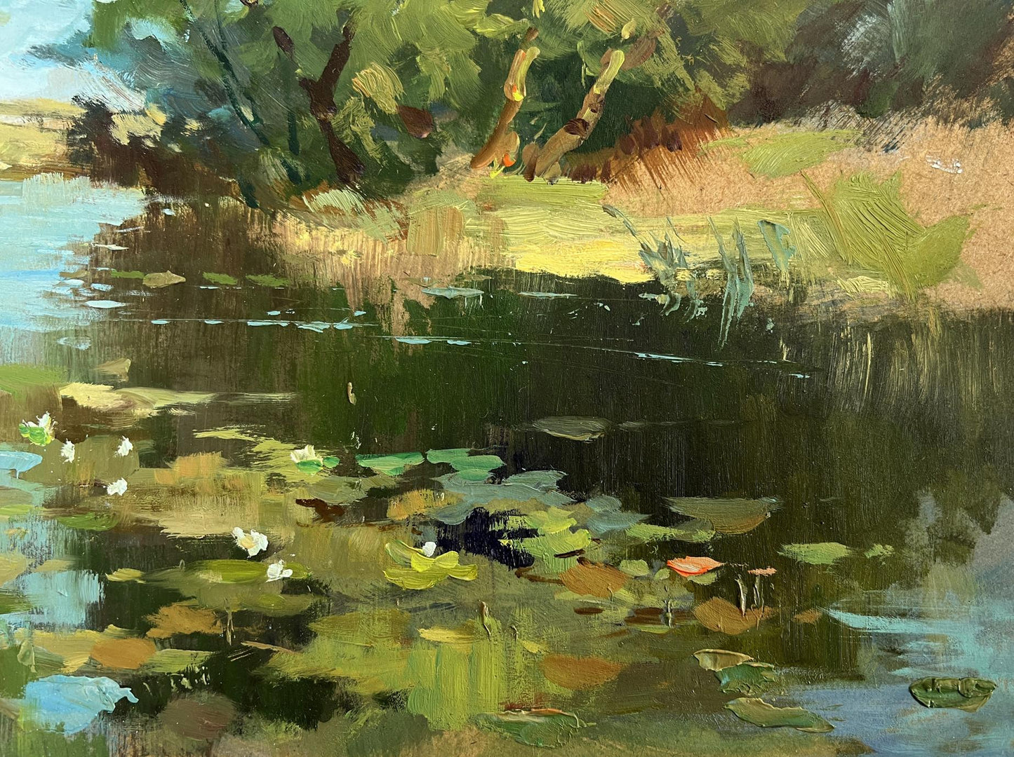 Vibrant impressionist oil painting of tranquil pond with lily pads by Yuriy Suprunchuk