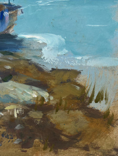 Oil painting of boat on horizon by Yuriy Suprunchuk, coastal scene