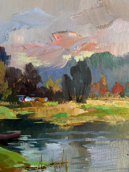 Textured impressionist oil painting by Yuriy Suprunchuk of tranquil lakeside scene