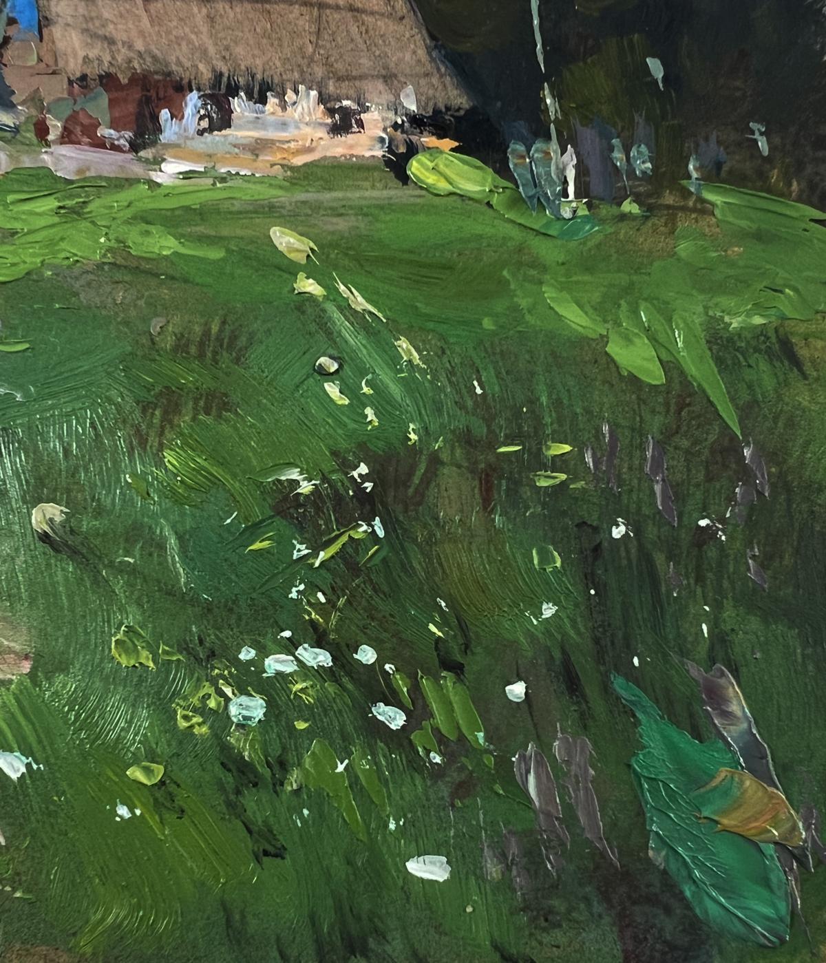 Oil painting of lush green field with white flowers by Yuriy Suprunchuk