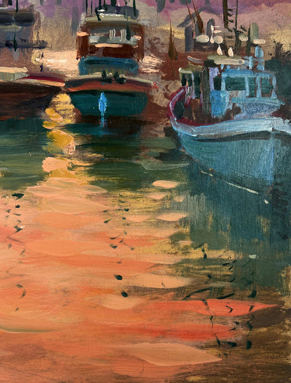 Vibrant impressionist oil painting of Venetian fishing boats by Yuriy Suprunchuk