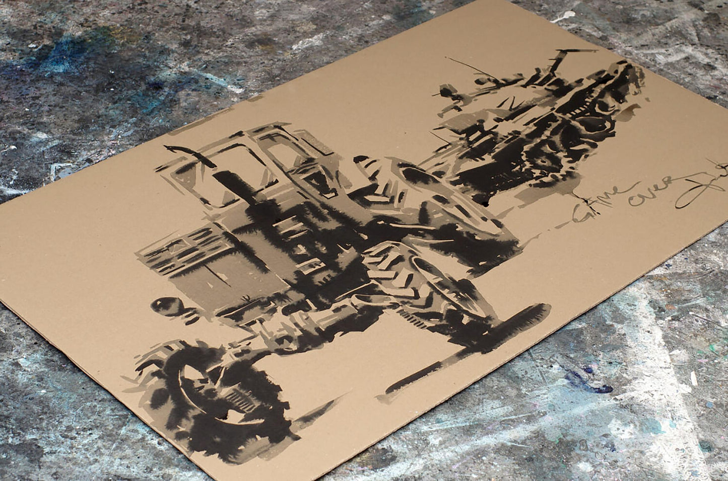Sepia ink illustration of vintage tractor by Dima Filatov