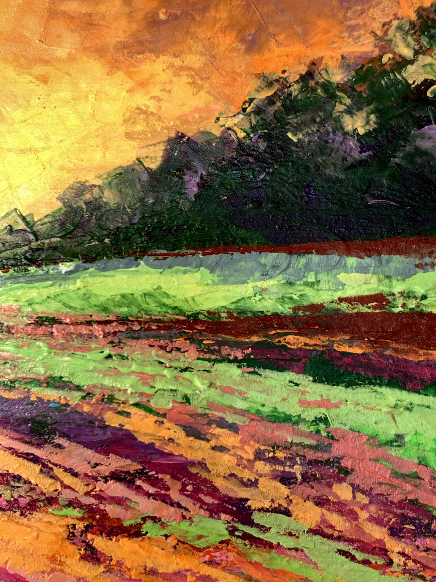 Vibrant impressionist oil painting Sunset behind the forest by V. Zadorozhnya