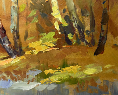 Autumn birch grove oil painting by Yuriy Suprunchuk with earthy forest textures