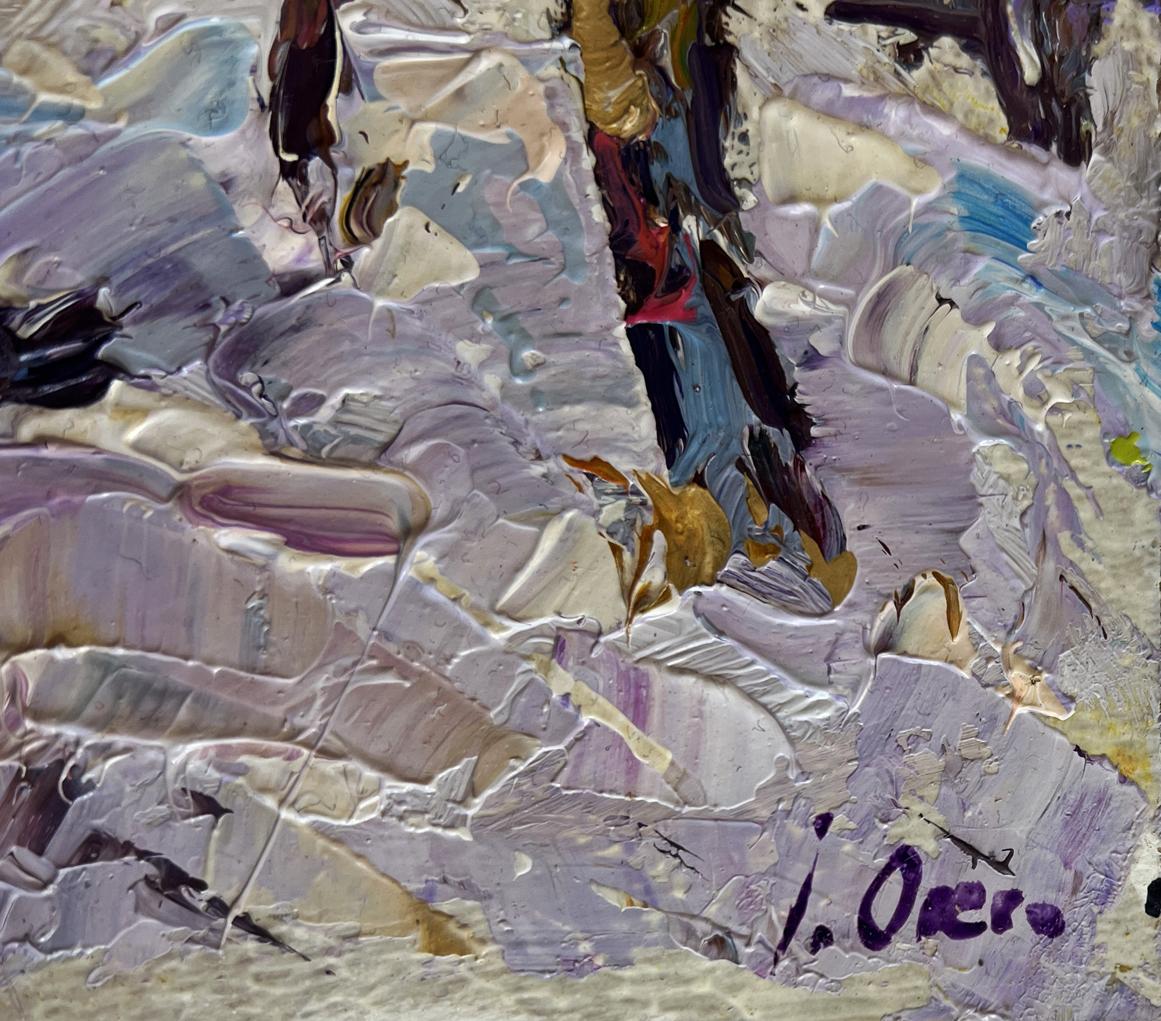 Textured impasto oil painting of crows in trees by Oksana Ivanyuk in lavender, white, gold