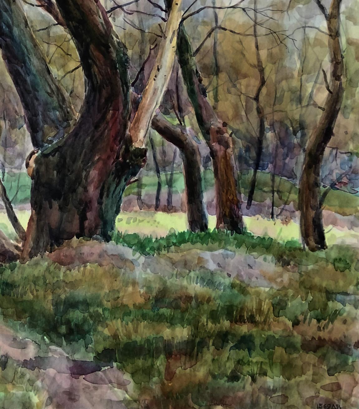 Watercolor forest painting Silent Witnesses by Vitaly Duhnevich