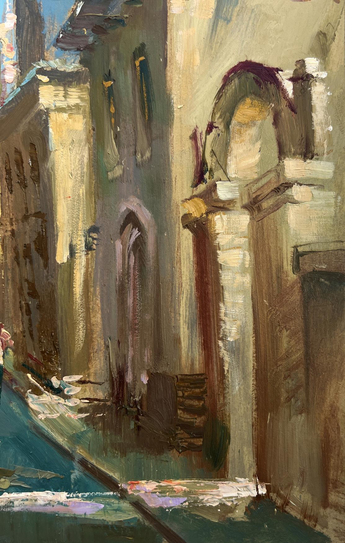Textured oil painting of Venetian canal with people by Yuriy Suprunchuk