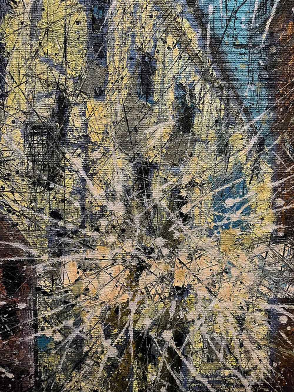 Oil painting Spatial gamet by Serhiy Kovalev with bold yellow blue strokes