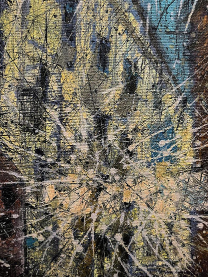 Oil painting Spatial gamet by Serhiy Kovalev with bold yellow blue strokes