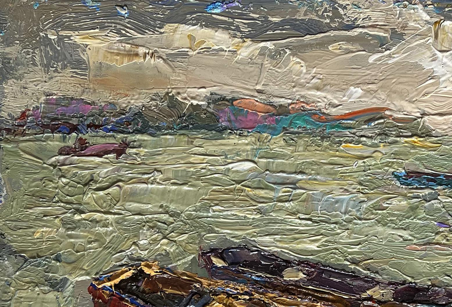 Impasto oil painting of boats near pier by Oksana Ivanyuk