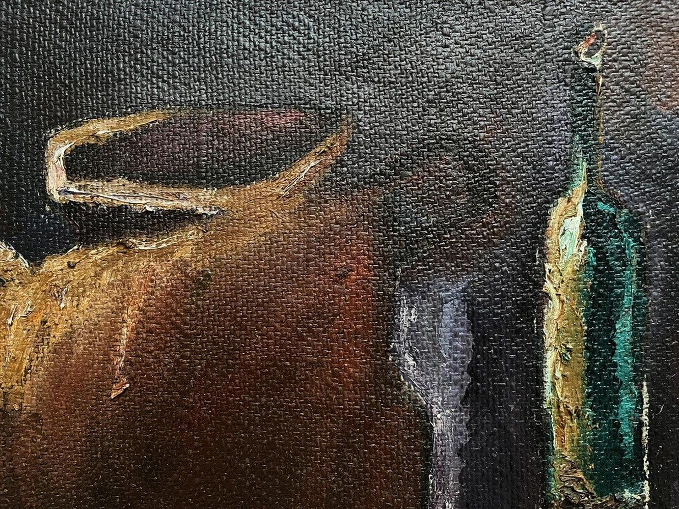 Oil painting Still life with pipe by Oleksandr Andreev: green bottle, pitcher