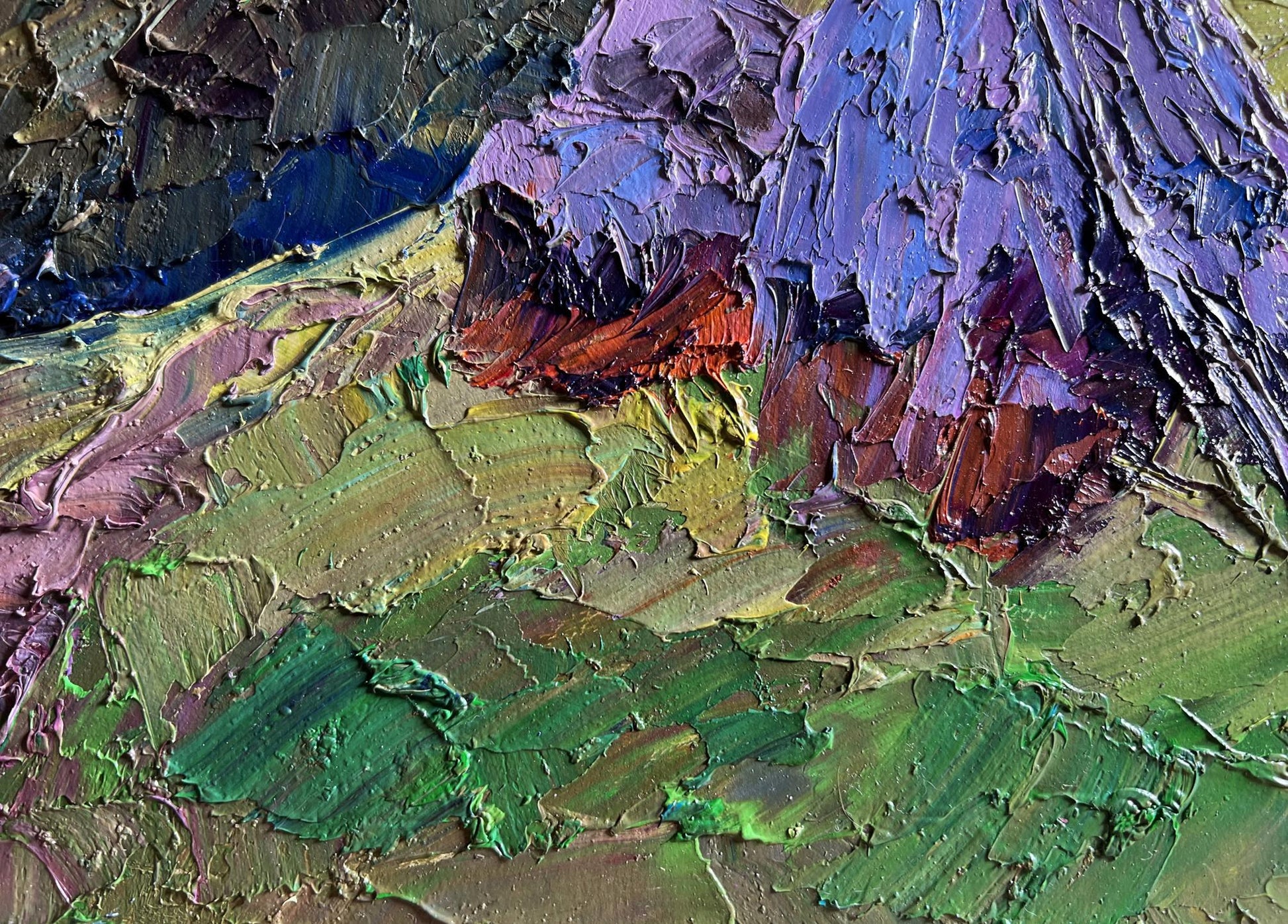 Oil painting Path to the mountains by Boris Serdyuk in purple green tones