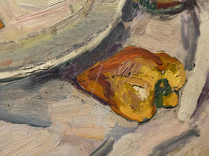Oil painting Morning Breakfast by Stanislav Petrashevsky: textured yellow bell pepper