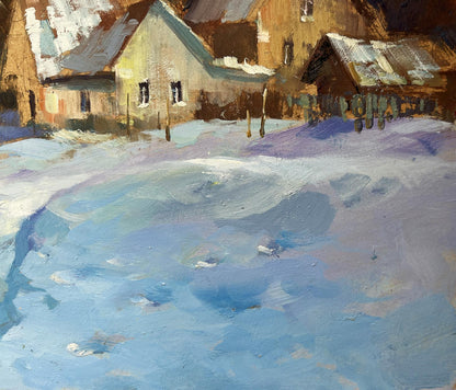 Textured impressionistic oil painting of winter snowdrifts near house by Yuriy Suprunchuk