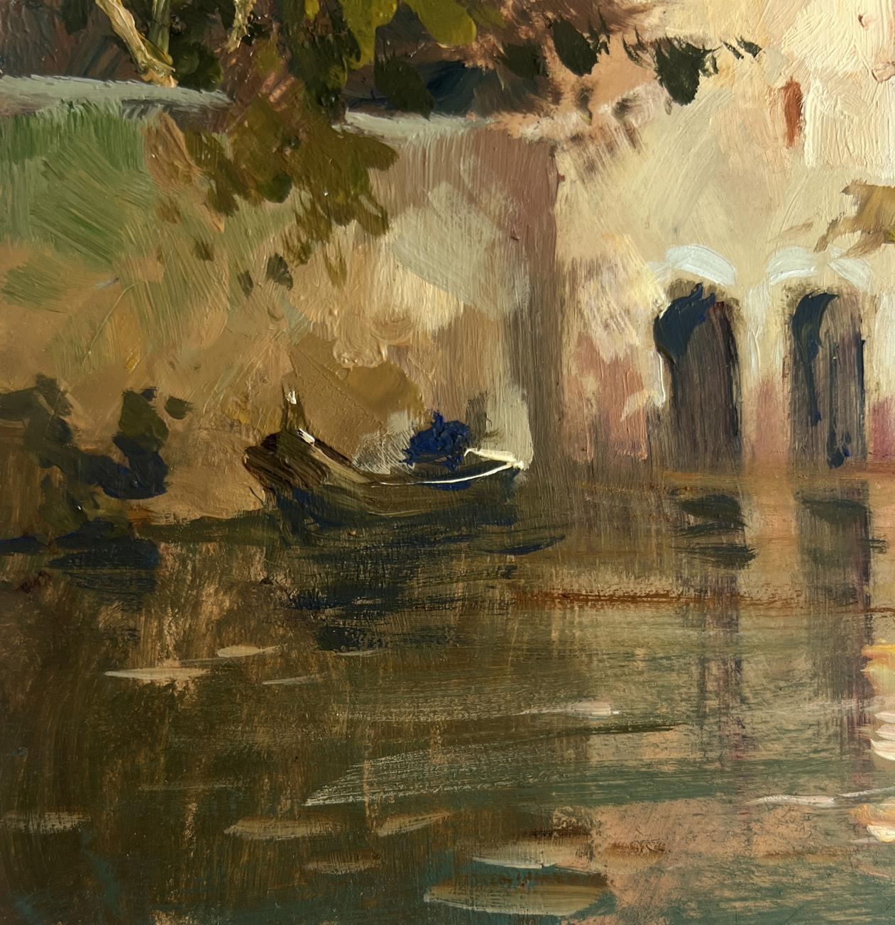 Oil painting of rowboat with blue figure on Venice evening water by Yuriy Suprunchuk