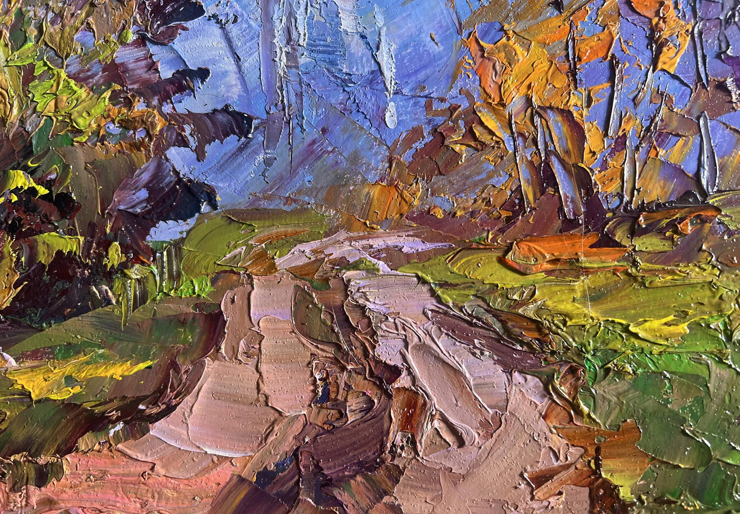 Vibrant impressionist oil painting Road to the autumn forest by Boris Serdyuk