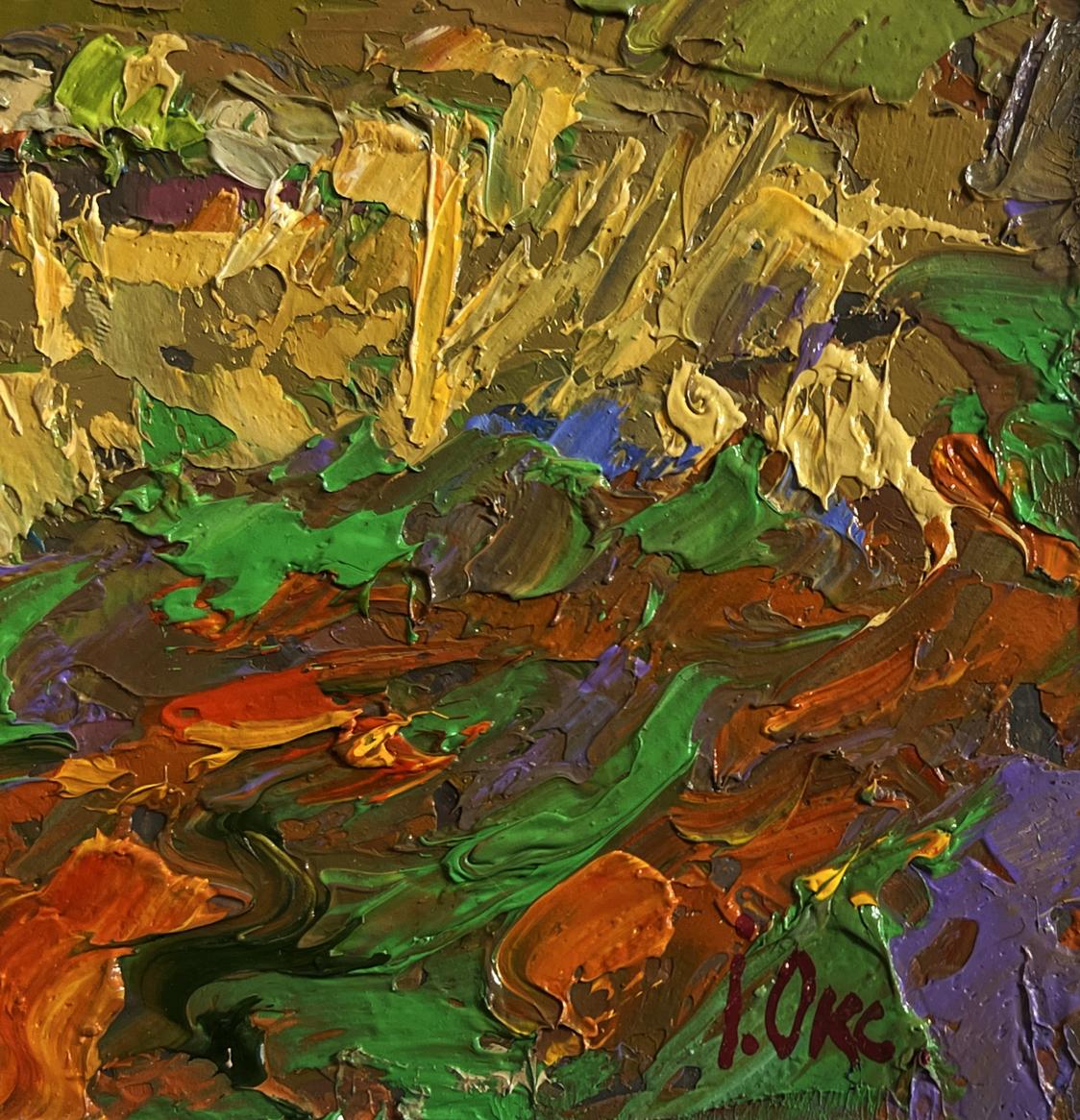 Oil painting In the autumn meadows by Oksana Ivanyuk with bold impasto strokes