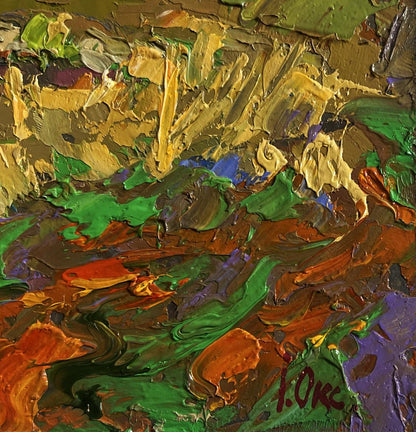 Oil painting In the autumn meadows by Oksana Ivanyuk with bold impasto strokes