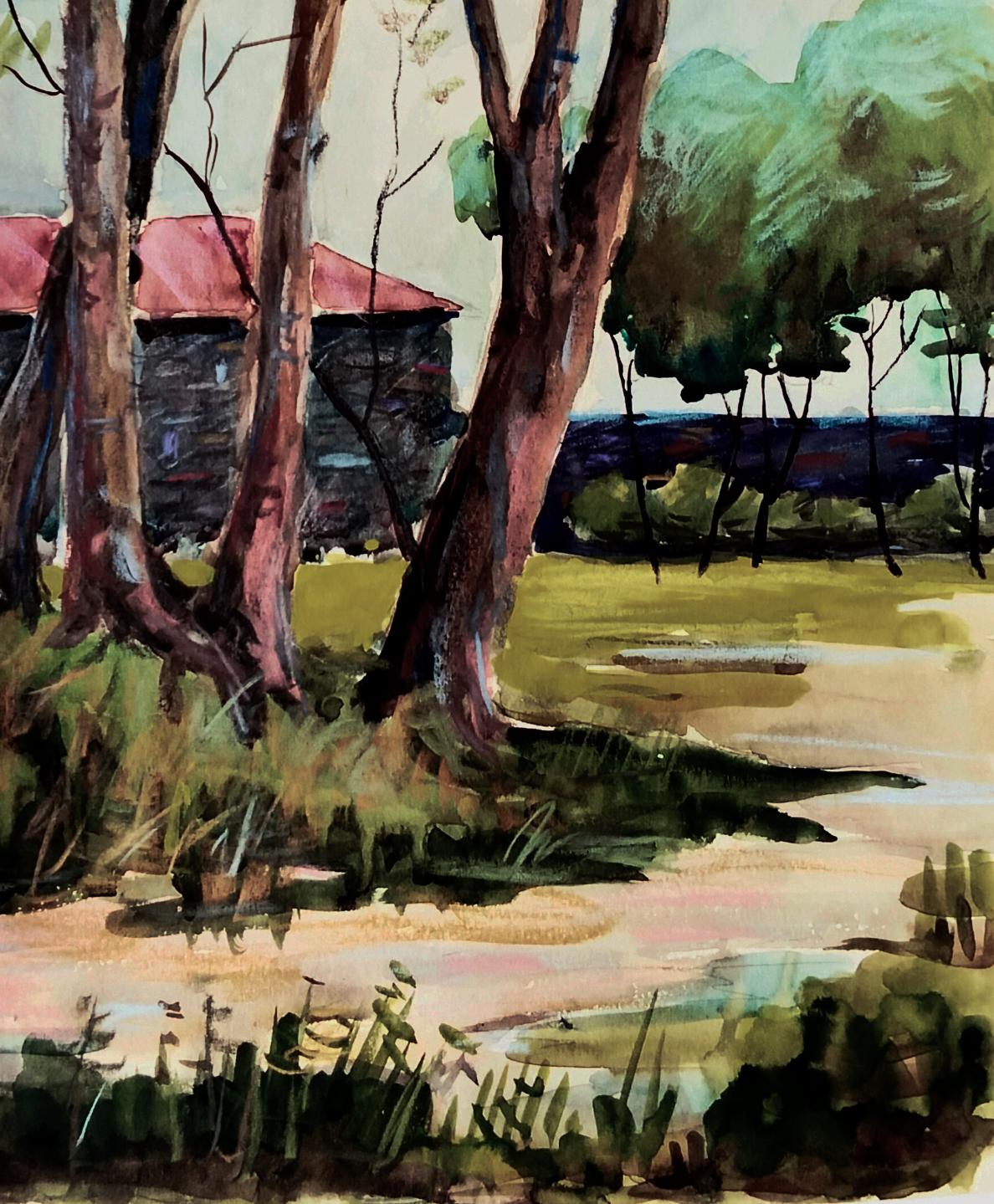 Watercolor painting of secretive forest stone house with red roof by Vitaly Duhnevich