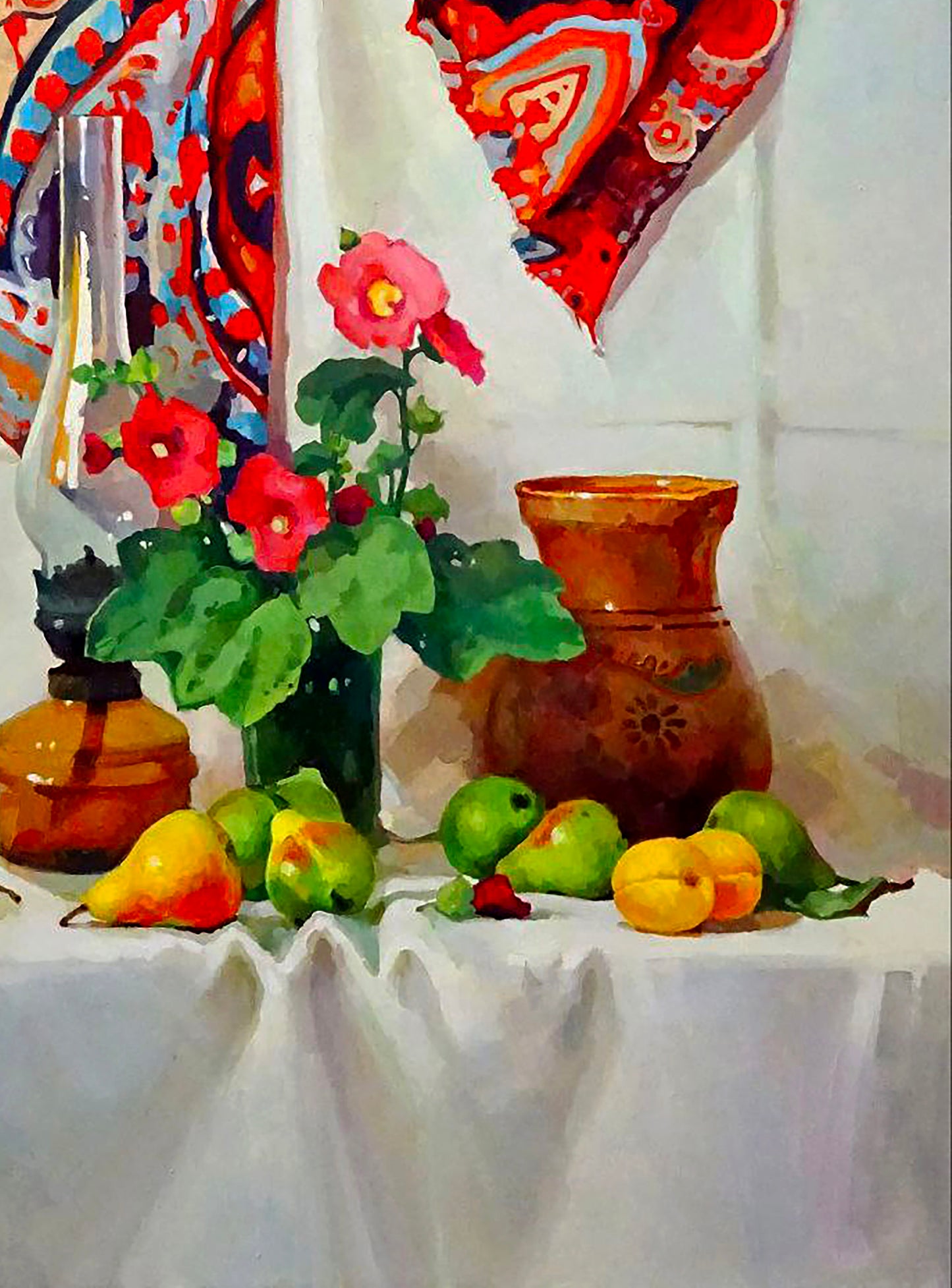Oil painting of vibrant red hollyhock with yellow center by Anastasia Yaroshevich
