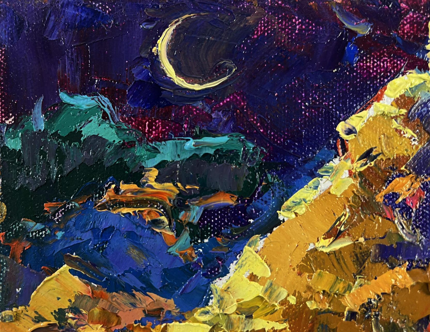 Vibrant Night tale oil painting by Oksana Ivanyuk with purple gold moon