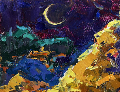 Vibrant Night tale oil painting by Oksana Ivanyuk with purple gold moon