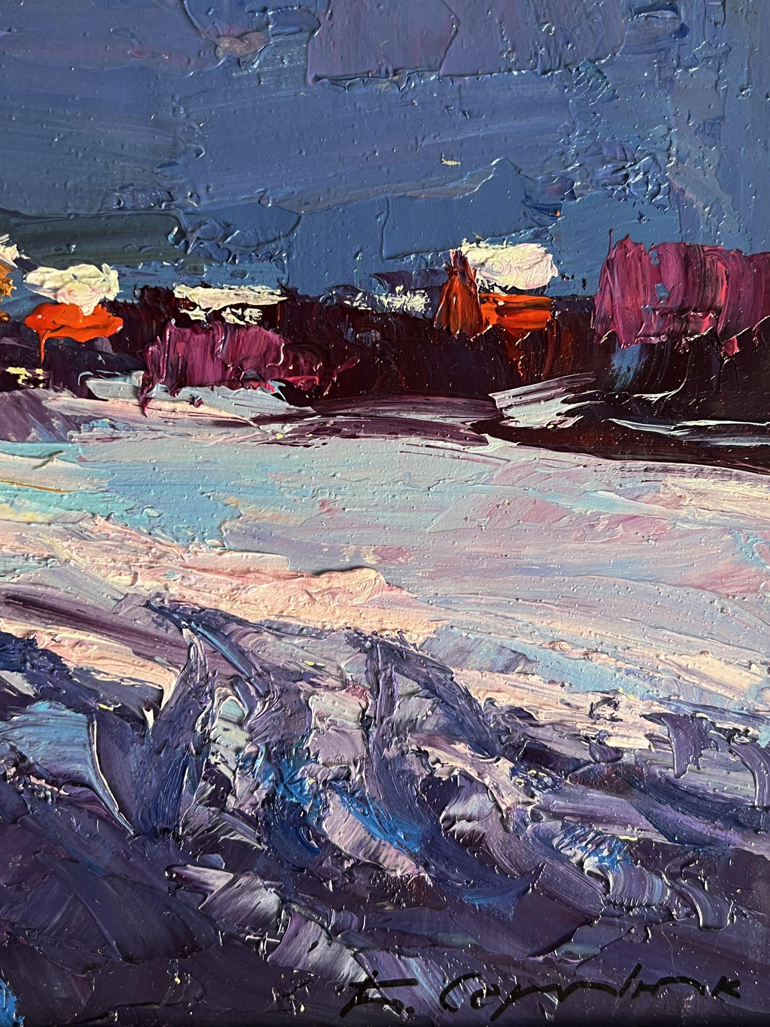 Oil painting Winter evening by Boris Serdyuk with blues, purples, pinks