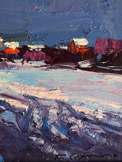 Oil painting Winter evening by Boris Serdyuk with blues, purples, pinks