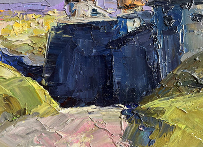 Oil painting Overlooking the fortress Boris Serdyuk with bold blue and yellow-green strokes